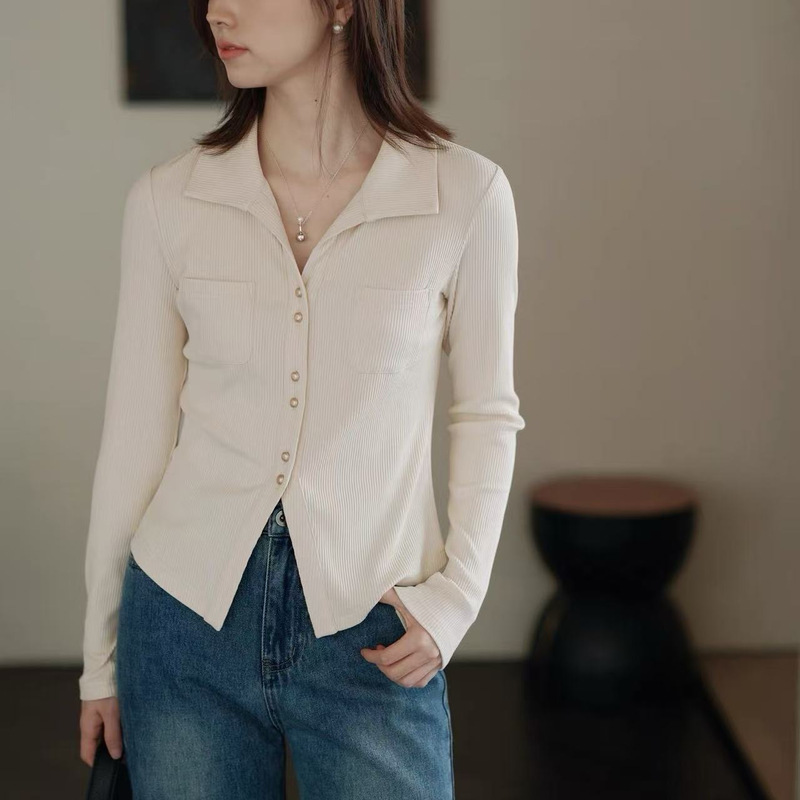 French Shirt Women's Long-Sleeved Slit Design Spring and Autumn T-Shirt Slimming Waist Knitted Shirt Inner Wear