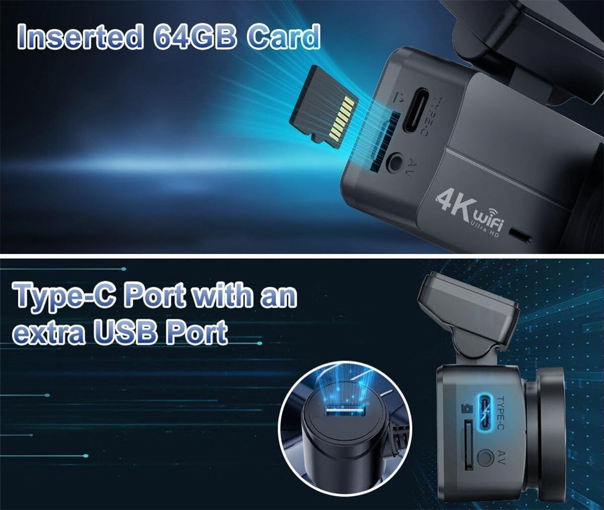 New Model 1.47-Inch 4K High-Definition Night Vision Wifi Connected Car Dash Cam with Dual Front and Rear Cameras