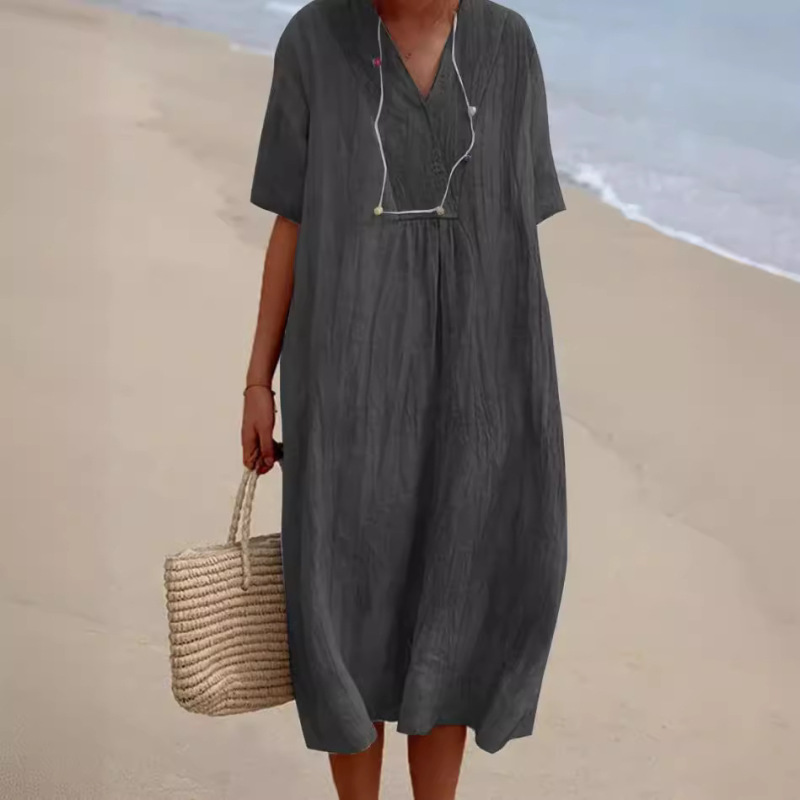 In Stock 2026 Spring/Summer New Women's Versatile Hot-Selling Casual Slimming Dress Solid Color Cotton Linen