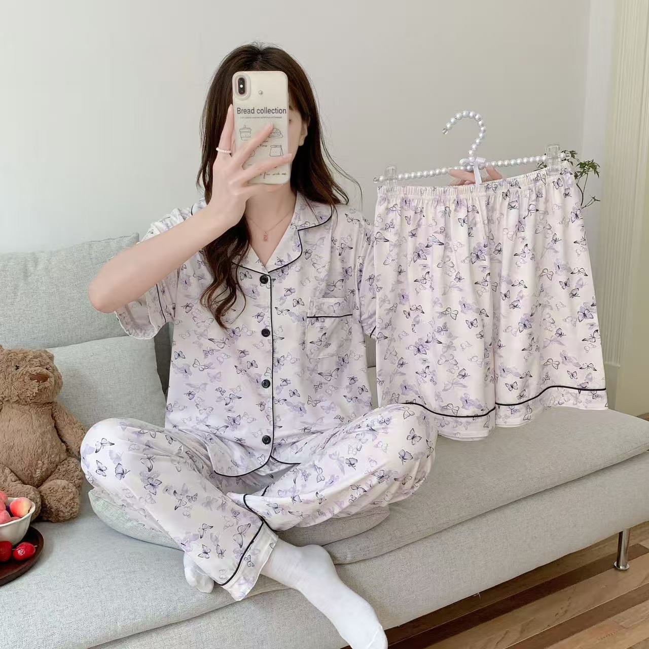 Pijamas de verano de las mujeres delgados pantalones de manga corta cardigan conjunto de tres piezas popular en línea nuevo traje de desgaste de casa de verano image 56
