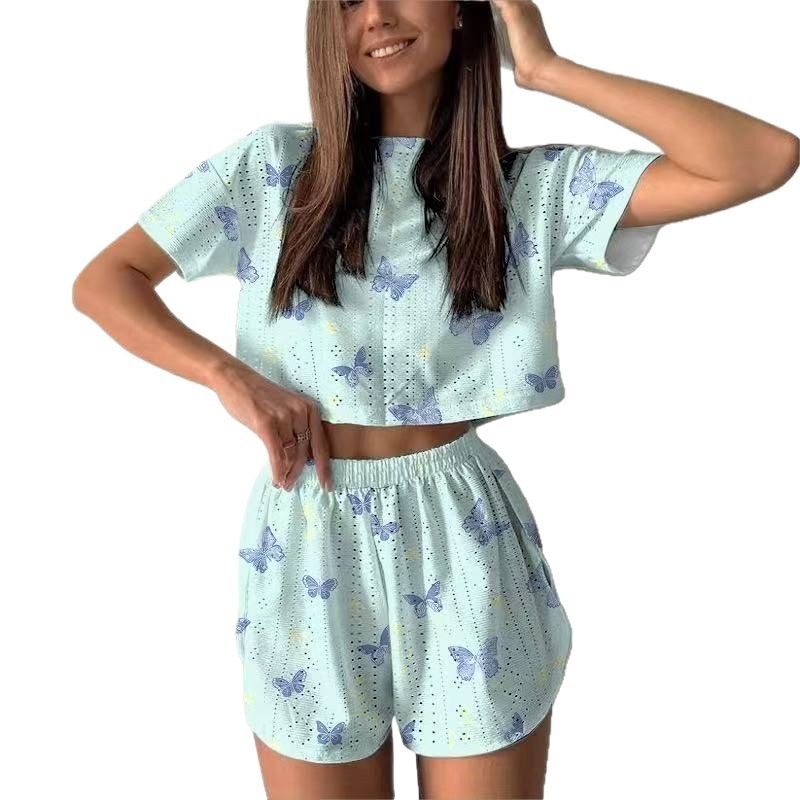 现货跨境欧美女式睡衣家居服套装女士夏季两件套短袖短裤提花时尚|undefined