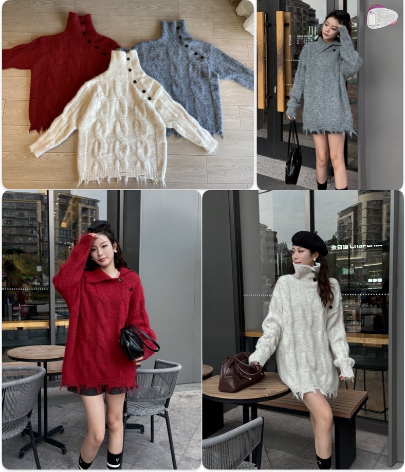 24 invierno Puyuan coreano botón de madera con solapa suéter de color contraste chaqueta de mujer nuevo estilo perezoso estilo de moda explosión