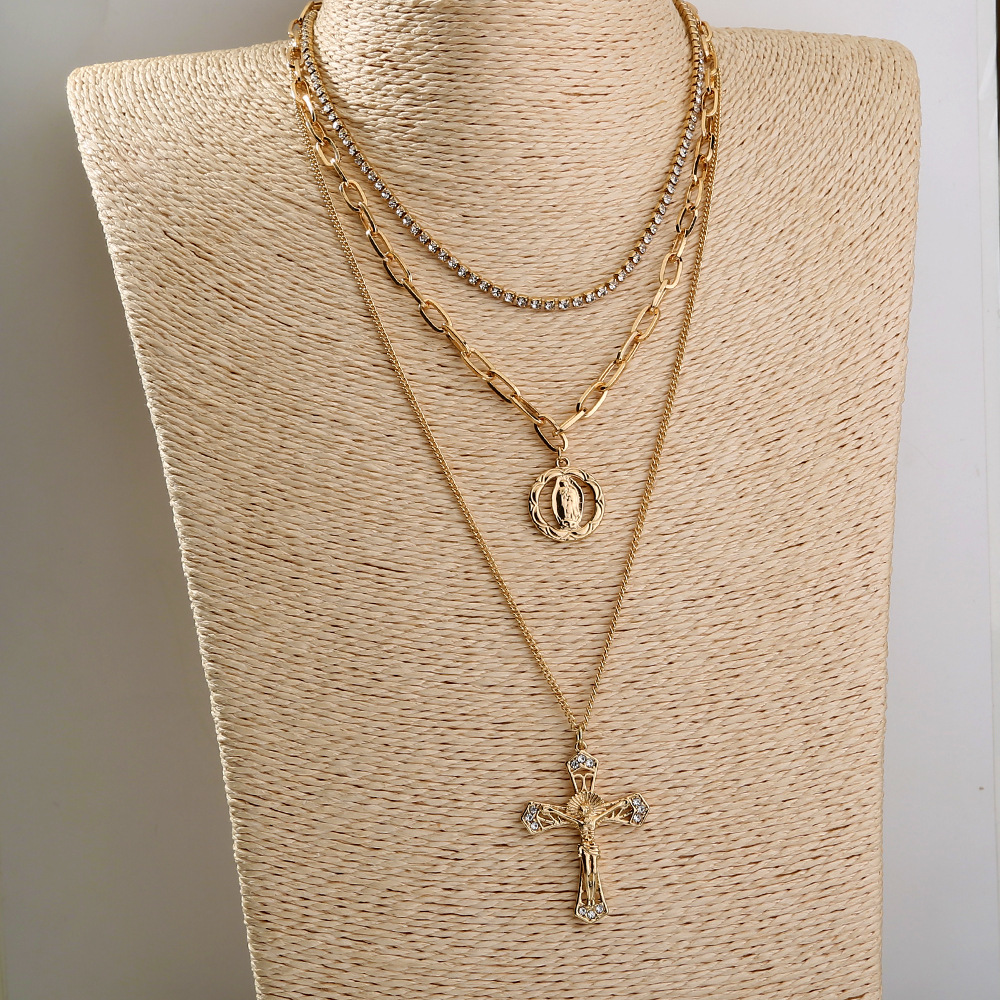Multi-layered Retro Claw Chain Diamond Cross Portrait Pendent Alloy Necklace display picture 4