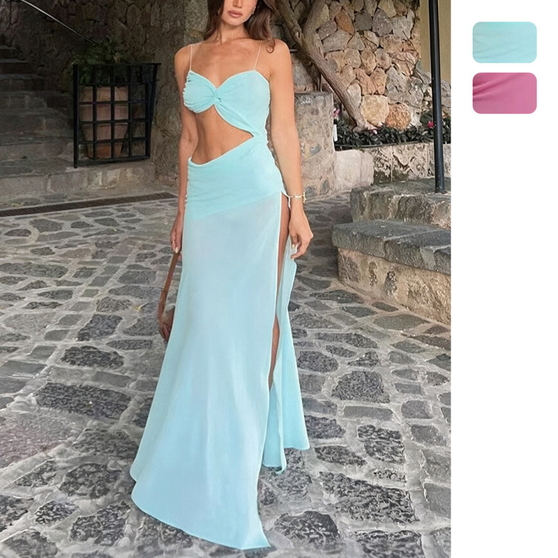 Independent Brand Spaghetti Strap Hollow-Out Slit Dress European and American Women's Fashion Solid Color Sexy Slim Fit Tube Top High-Waisted Long Dress 8111