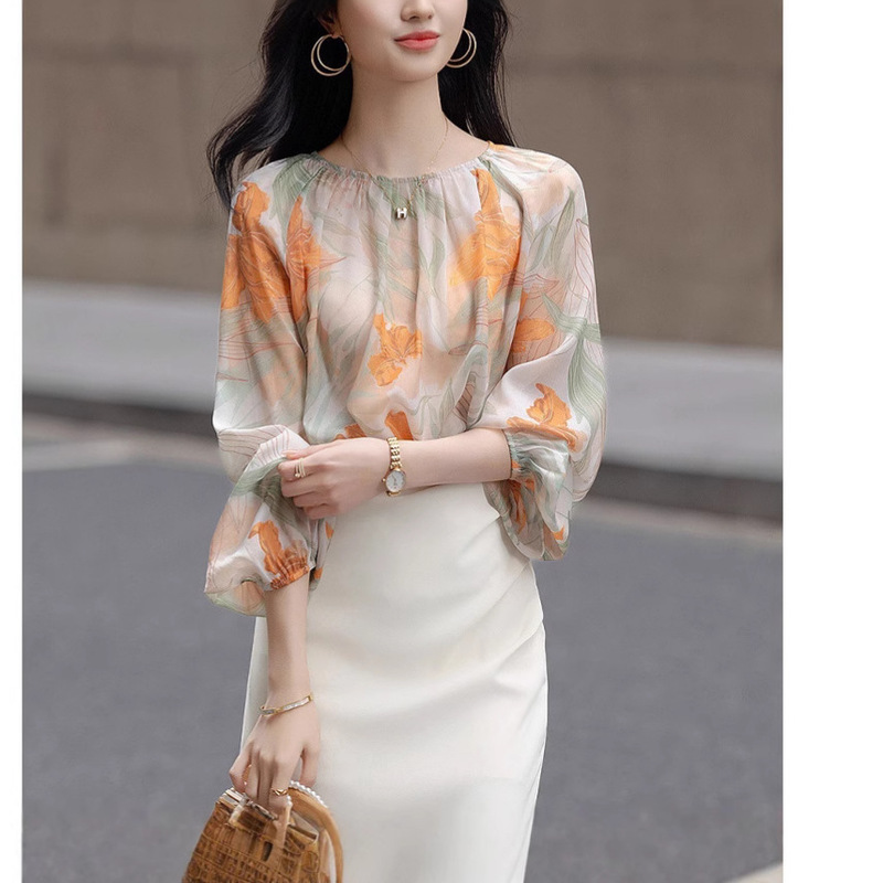 Spring Diamond Chiffon Shirt with Large Sleeves, Flesh-Hiding Shirt, Women's Top, High-End and Elegant Chiffon Shirt, New Style Spring Diamond Chiffon Shirt with Large Sleeves, Flesh-Hiding Shirt, Women's Top, High-End and Elegant Chiffon Shirt, New Style