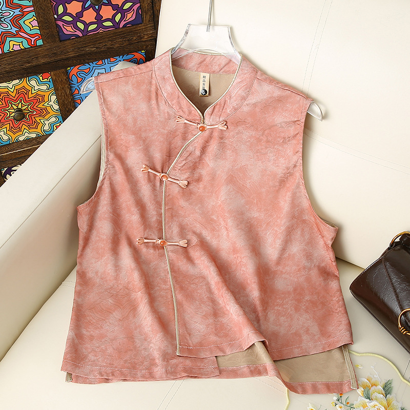 Vintage Retro Asymmetrical Button New Chinese Style Vest for Women with Stand Collar, Youthful Waistcoat for Summer