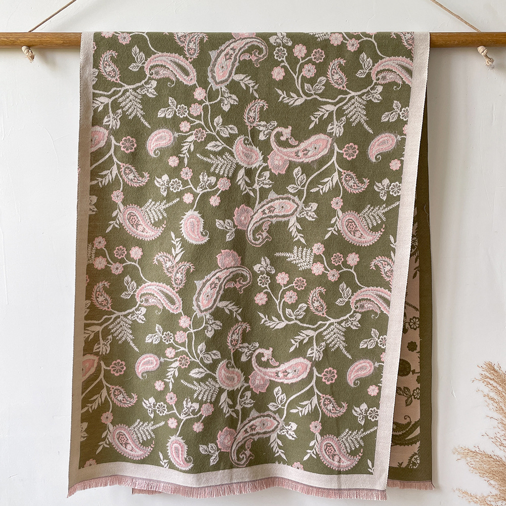 Nuevo estilo étnico Flor de anacardo artístico versátil bufanda de Cachemira de doble cara otoño e invierno cálido aire acondicionado bufanda