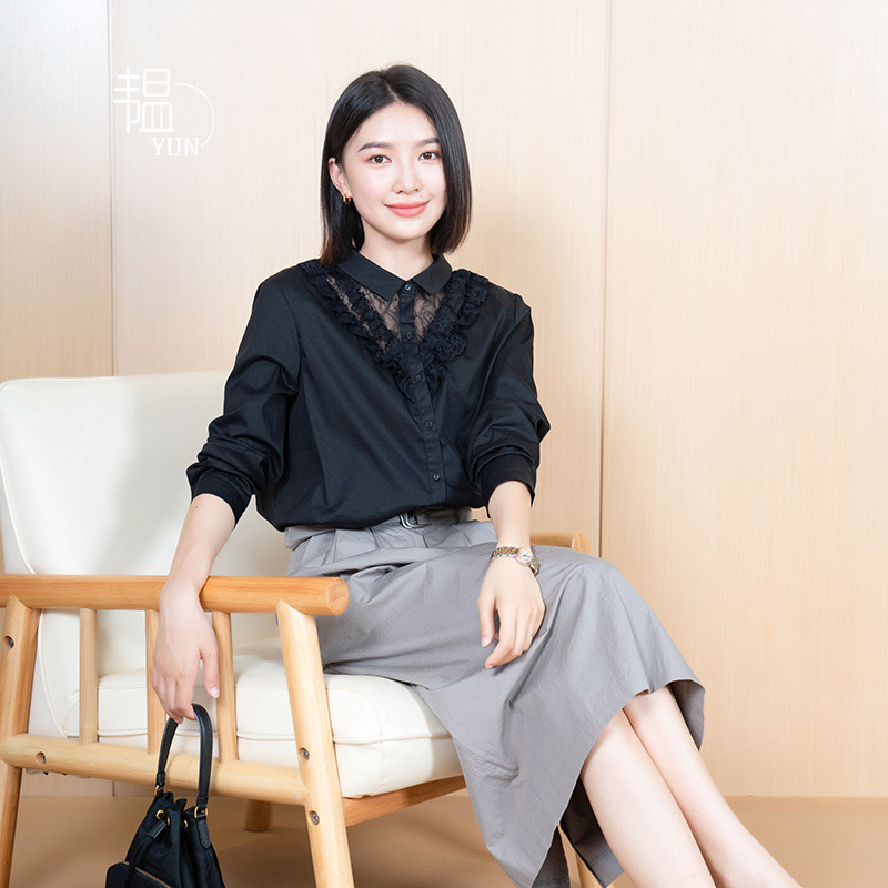 Yun Yun Spring 2026 New Black Lace Hollow-Out Stylish Lapel Shirt for Women with a Unique Design and Long Sleeves
