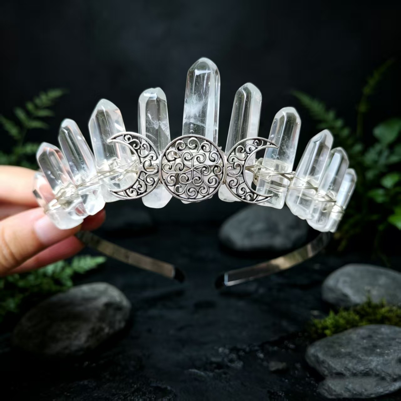 Diadema DE CORONA DE CRISTAL natural 11 hilo de plata diadema de plata hecha a mano enrollado europeo y americano accesorios para el cabello tocado estrella Luna Accesorios image 17