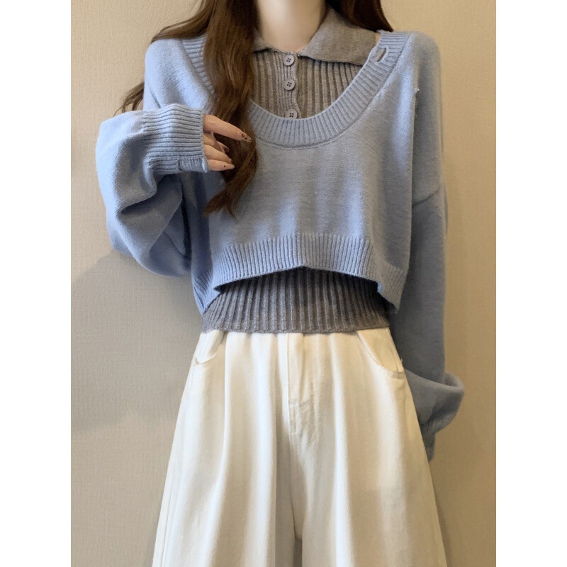 American-Style Petite Short Sweater for Women, Autumn and Winter Niche Design Polo Collar Knitwear Two-Piece Set Trendy Top American-Style Petite Short Sweater for Women, Autumn and Winter Niche Design Polo Collar Knitwear Two-Piece Set Trendy Top