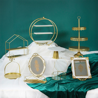 Tabla de postres de estilo europeo, estante de exhibición de bodas, banquete de bodas, estante de pastel, estante de té de la tarde, estante de golden snack set de 7 piezas