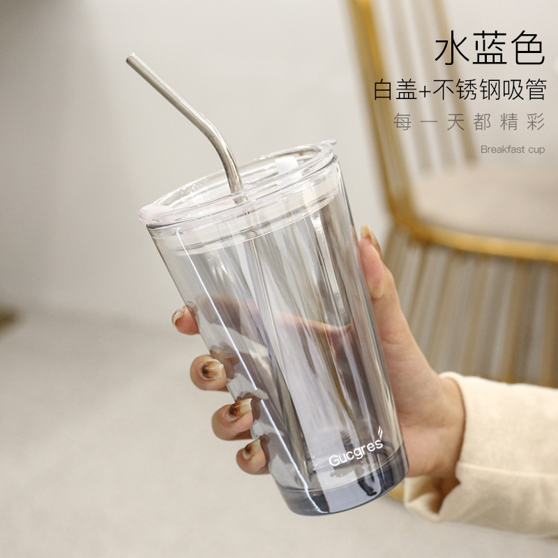 Vaso de Cristal con Pajita Aurora Boreal – Para Leche, Té y Café, Regalo de Apertura