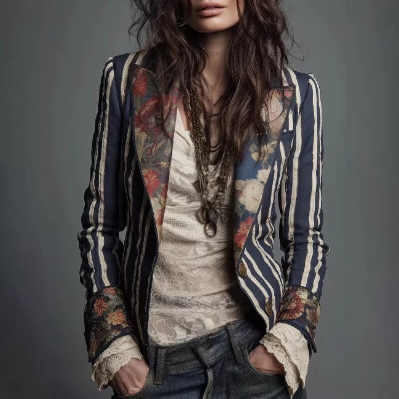 European and American Amazon Cross-Border Hot-Selling New Women's Clothing Independent Site Ebay Bohemian Color-Block Striped Blazer