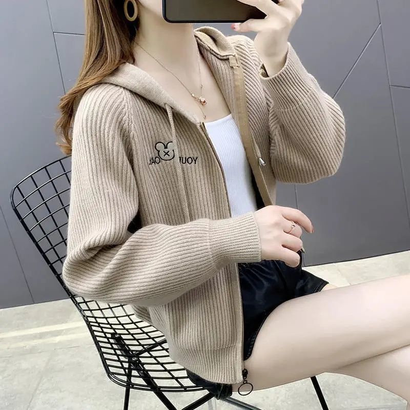 Casual Short Women's Jacket Spring and Autumn New Korean Style Loose Fashion Petite Hooded Solid Color Knit Cardigan Casual Short Women's Jacket Spring and Autumn New Korean Style Loose Fashion Petite Hooded Solid Color Knit Cardigan