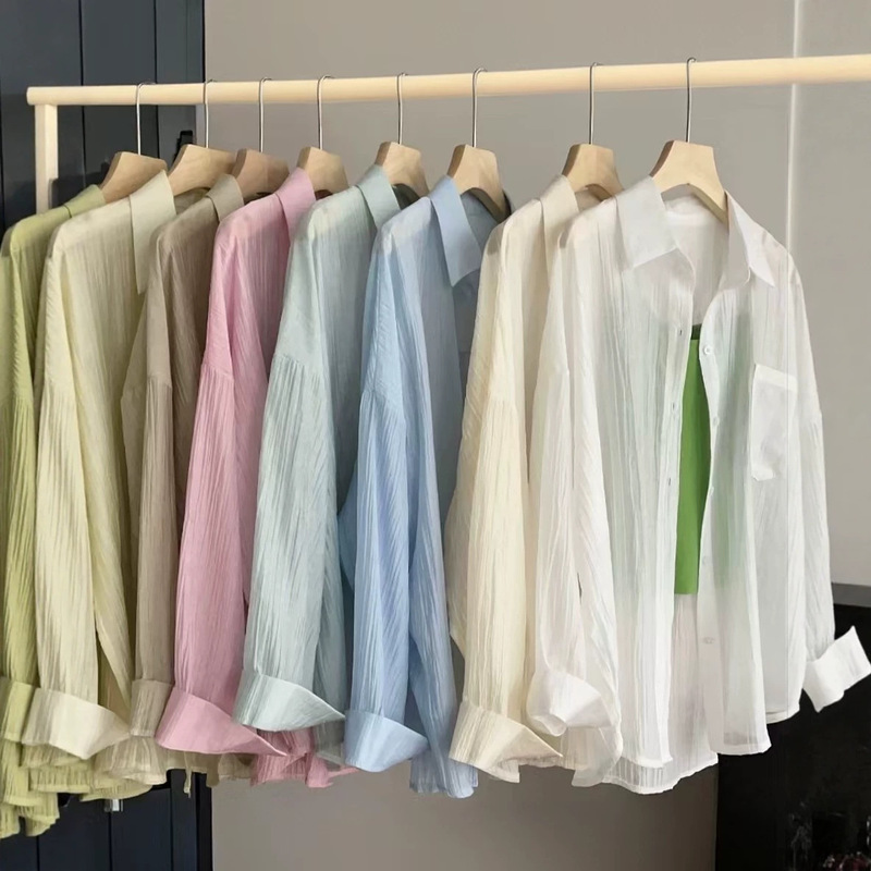 Spring/Summer 12-color beautiful in-stock shirt with a stylish atmosphere, suitable for driving, sun-blocking, loose-fitting design, pleated and lightweight [shirt only]