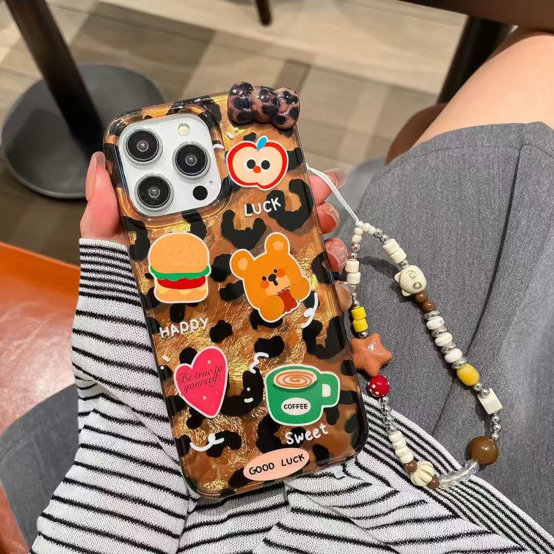 Cute cartoon leopardo hamburguesa oso para iphone15 estuche para teléfono móvil estéreo 16ProMax Apple 13 femenino 14