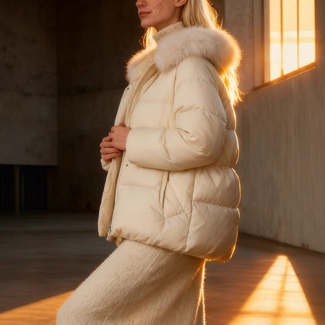 New Simple Drawstring Duck Hooded Winter Coat With Fur Collar Thickened Slimming Down Jacket_voghion.com