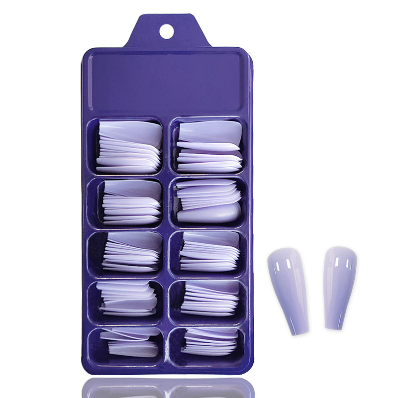 Uñas de ballet extra largas de color caramelo, 100 piezas en una pequeña caja azul con blíster, caja transparente, puntas de uñas trapezoidales con forma de ataúd.