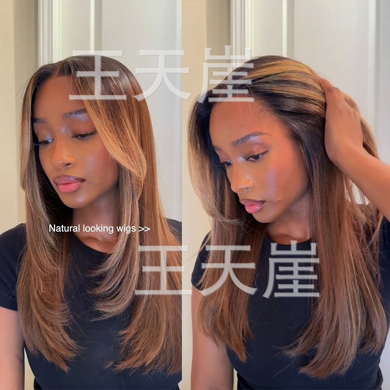 European and American style brown-gold gradient long straight hair wig, natural and realistic, exclusively for African foreign trade, wholesale from manufacturer