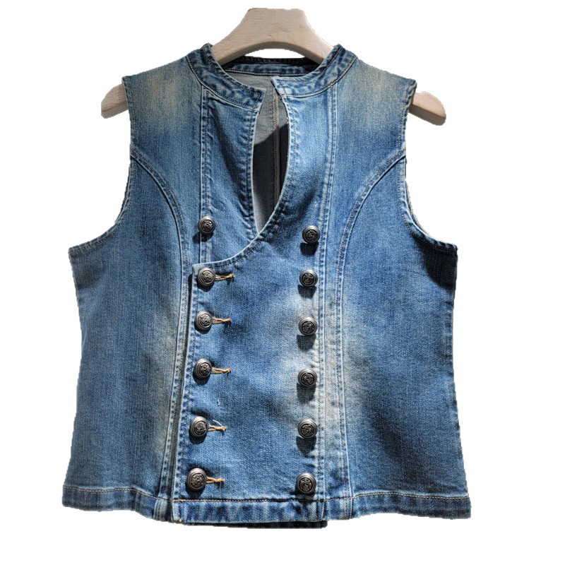 Modas de estilo británico de doble hebilla elástica chaleco de vaquero delgado chaleco azul delgado image 5