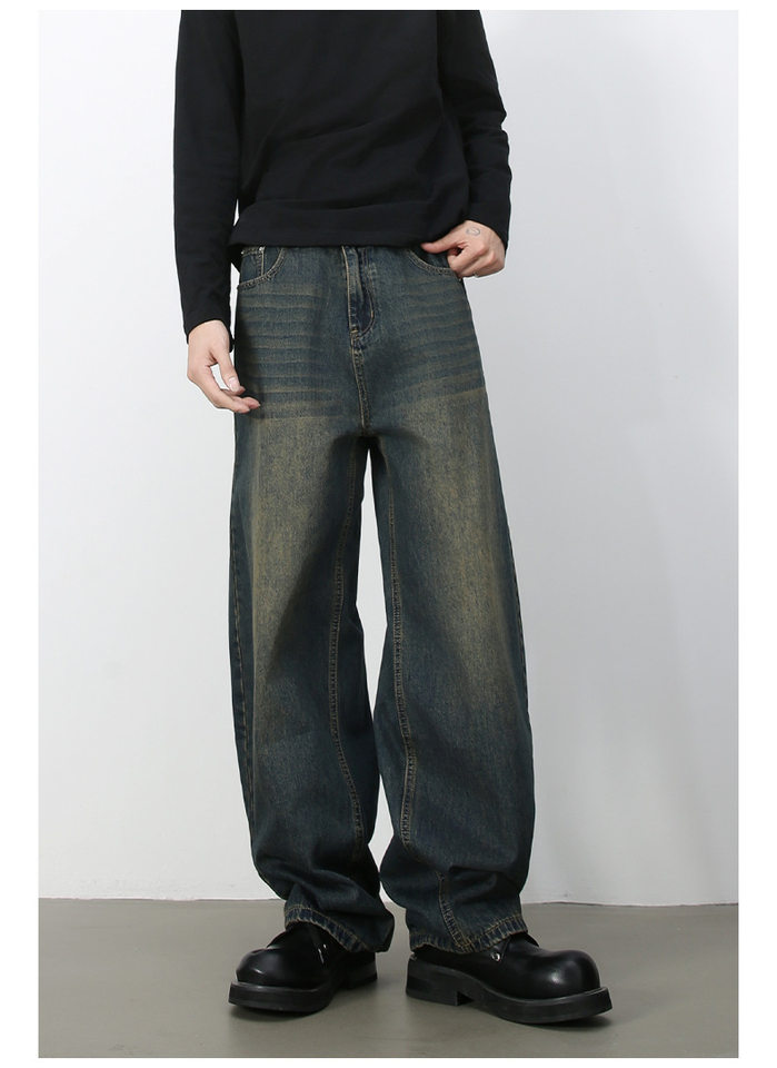 Quần jean nam ống rộng dáng suông cạp vừa phong cách đường phố — Denim đen, Làm cũ, Màu trắng, Màu xanh lam chi tiết 11