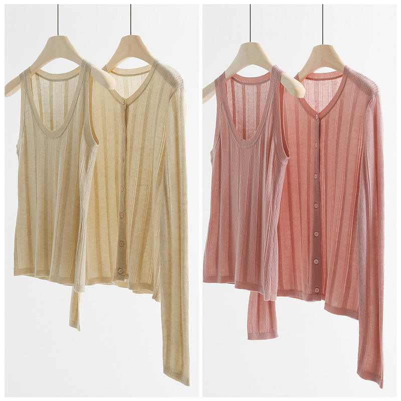 Gold and silver thread flash wool pit round neck sweater women's long sleeve thin cardigan jacket sunscreen shirt 95601B