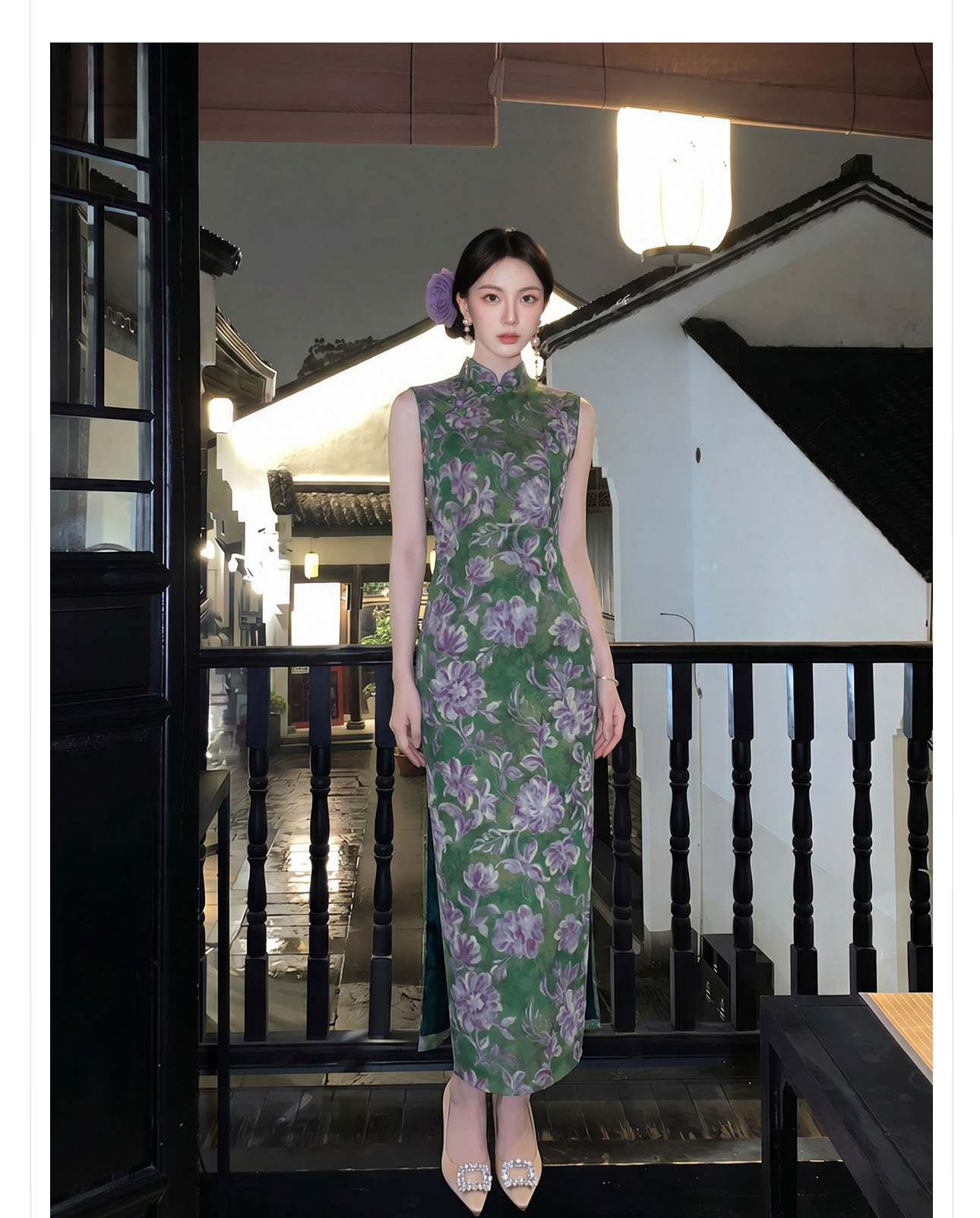 Đầm ôm body nữ dài tay in họa tiết hoa xanh cổ điển — xanh lá cây chi tiết 7