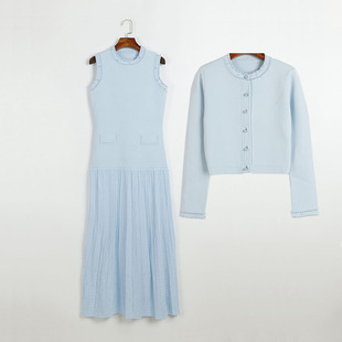 Round neck shoulder beaded decoration solid color sleeveless knitted pleated dress fake pocket long skirt suit wholesale