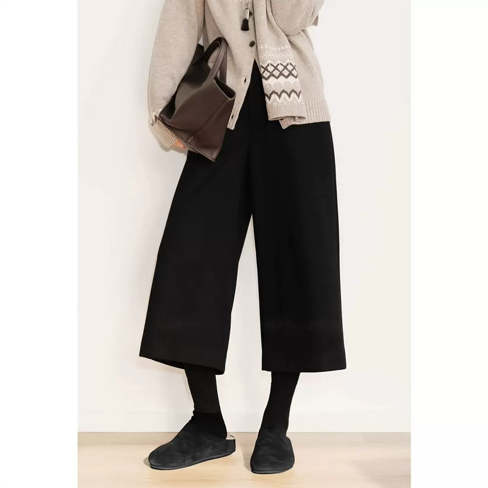 四媛 山羊绒桑蚕丝混纺宽松高腰直筒七分裤休闲裤25秋冬新品9376