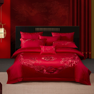 160-Count Double-Strand Long-Staple Cotton Jacquard Four-Piece Set, Bright Red Pure Cotton Wedding Six-Piece Set, Wedding Bedding, Newlywed Quilt