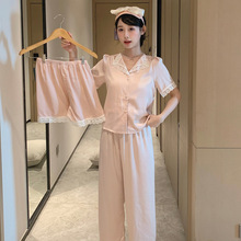 源头厂货2023夏季新款睡衣女冰丝一件代发抖音粉色花边家居服套装