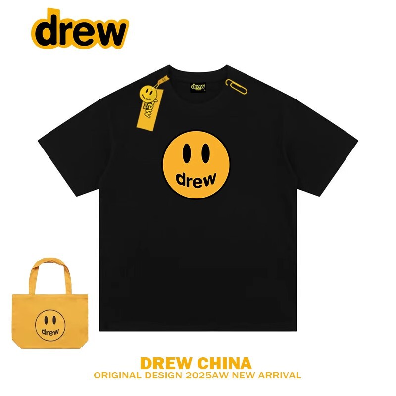 Drew American-Style Trendy Brand Smiley Face Print Heavyweight Short-Sleeve T-Shirt for Women and Men, High Street Loose-Fitting Couple's Half-Sleeve Tee Top