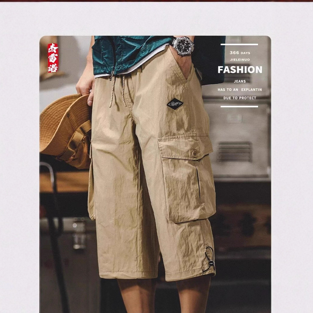 2026 American Retro Heavy-Duty Work Shorts for Men, Loose Fit, Large Size, Casual Three-Quarter Pants with Large Pockets, Straight-Leg Mid-Length Pants