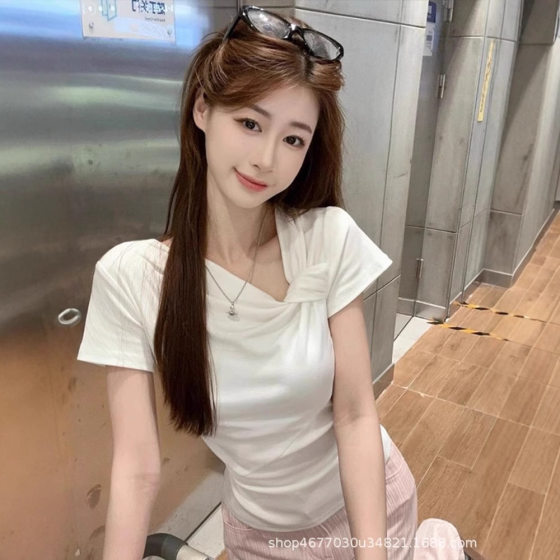 2025 Spring and Summer New Sweet Irregular Kink Design Short-sleeved T-shirt Waisted Slim-fit Short Top