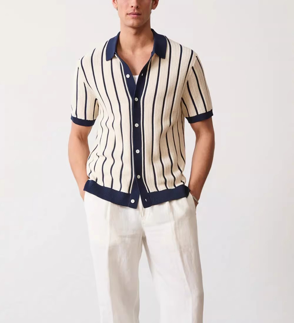 Men's Plus Size Polo Shirt Summer Striped Short Sleeve Knit Loose Collar Top T-Shirt_viptrois.com
