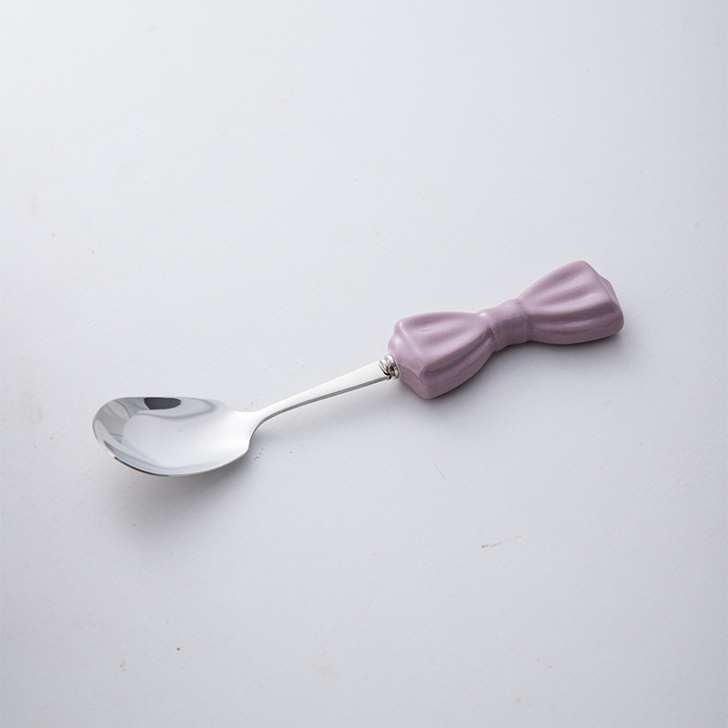 Ins Style Large Bowknot Creative Ceramic Handle 304 Stainless Steel Knife High Appearance Fork Dessert Spoon_voghion.com