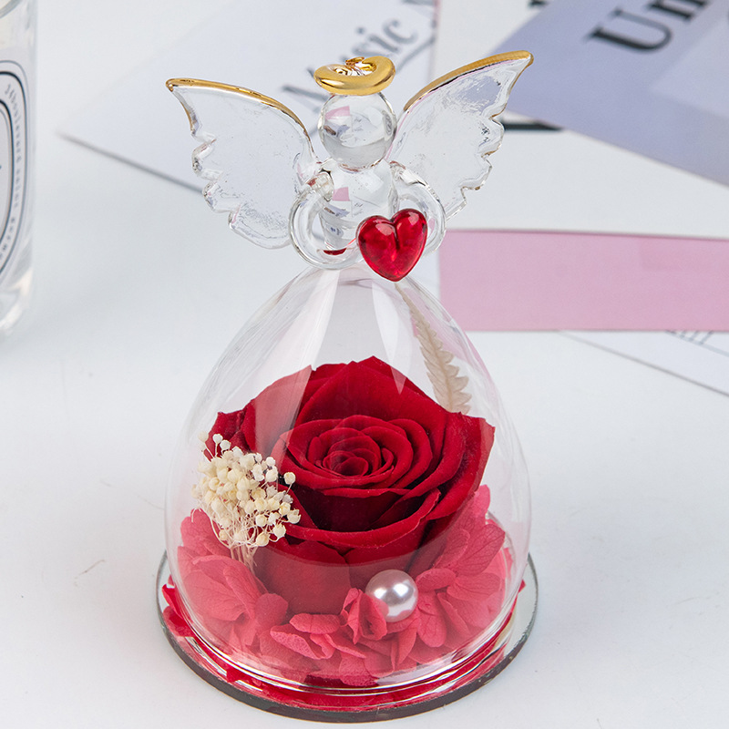 Cross-border inmortalidad rosas ángel pequeño cubierta de vidrio decoración día de San Valentín Navidad caja de regalo de cumpleaños flores reales