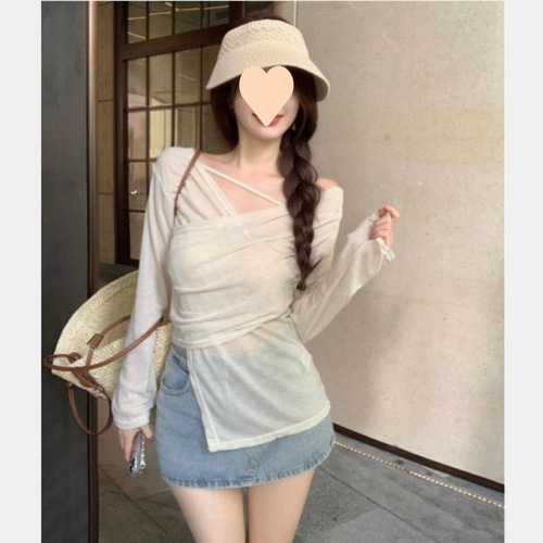 Irregular Collar Top Careful Design Summer Sun Shirt Long Sleeve Thin Breathable Air Conditioning Shirt Irregular Split T-Shirt