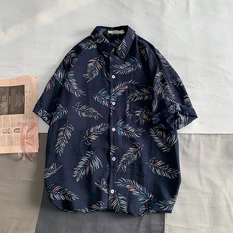 Hawaiian Flower Shirt Men's Short-sleeved Loose Large-size Beach Shirt Vintage Hong Kong Style Retro Trend Ruffian Handsome Jacket Men
