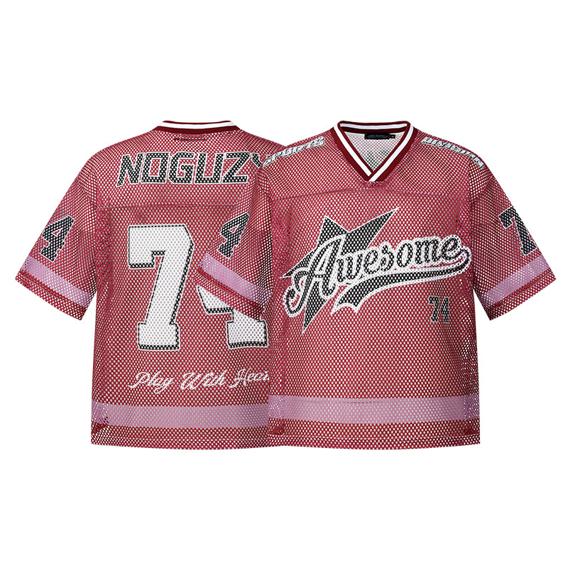 Men's Cross Border American Retro V Neck Sports Jersey Basketball Casual T-Shirt Color Blocked No. 77 Mesh Short Sleeved Letter Print_voghion.com