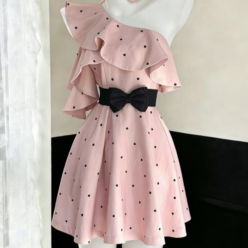 Sweet and Cute Young Lady's Sweet Short Dress in Pink with Heart-Shaped Polka Dots, Ruffled Asymmetrical Shoulder Dress for Women, New Summer Style