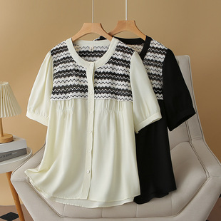 2024 summer plus size niche shirt short sleeve stitching women's 200kg chubby girl cardigan waist shirt round collar tide 873