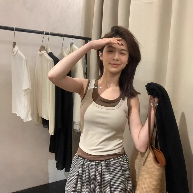Metwo Real Two-piece Vest with bra Women's American-style Contrast Color Y Back Base Slim Sling Top Women