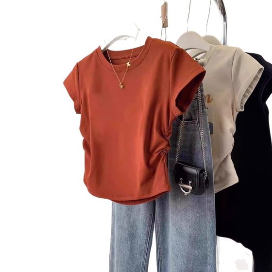 Fashion Small Man Waist Flying Sleeve T-shirt Women's Short Summer Shoulder Irregular Design Sense Casual Slim-fit Short Sleeve Top Trendy