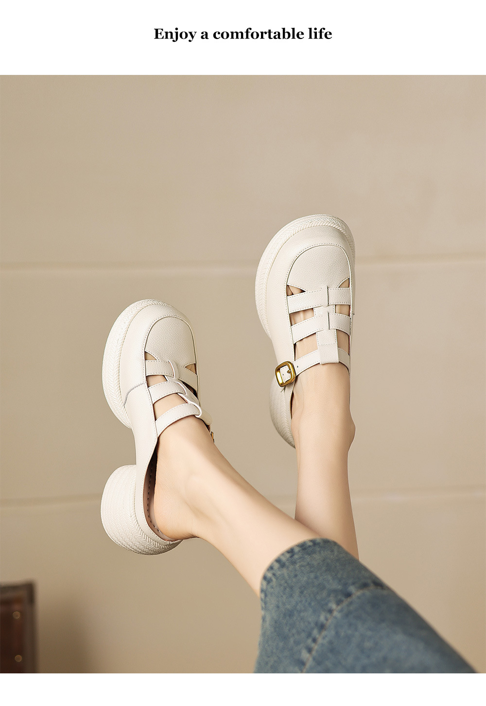 Sandal cao gót nữ mũi hở đế dày da cừu kiểu dệt lỗ — màu trắng ngà chi tiết 1