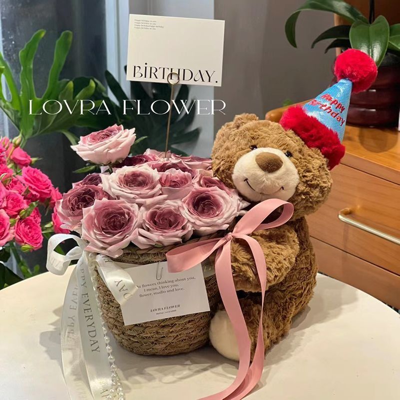 Oso de peluche con flores eternas para regalo de Año Nuevo, oso de peluche con ramo de flores para regalo de cumpleaños para amigas