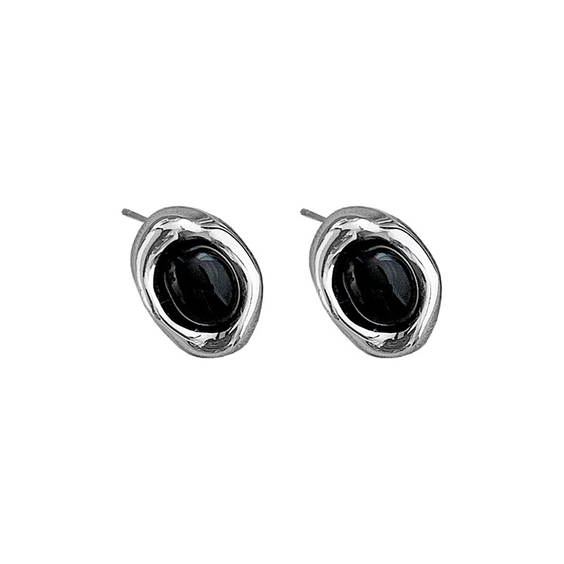 Oval Stud Earrings Tiger Eye Black Agate French Style For Women_voghion.com