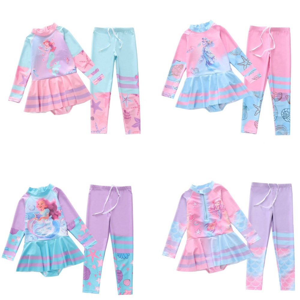 New Children's Swimsuit for Girls, One-Piece Swimsuit with Long Pants and Long Sleeves, Sun-Protective Conservative Girls' Swimwear