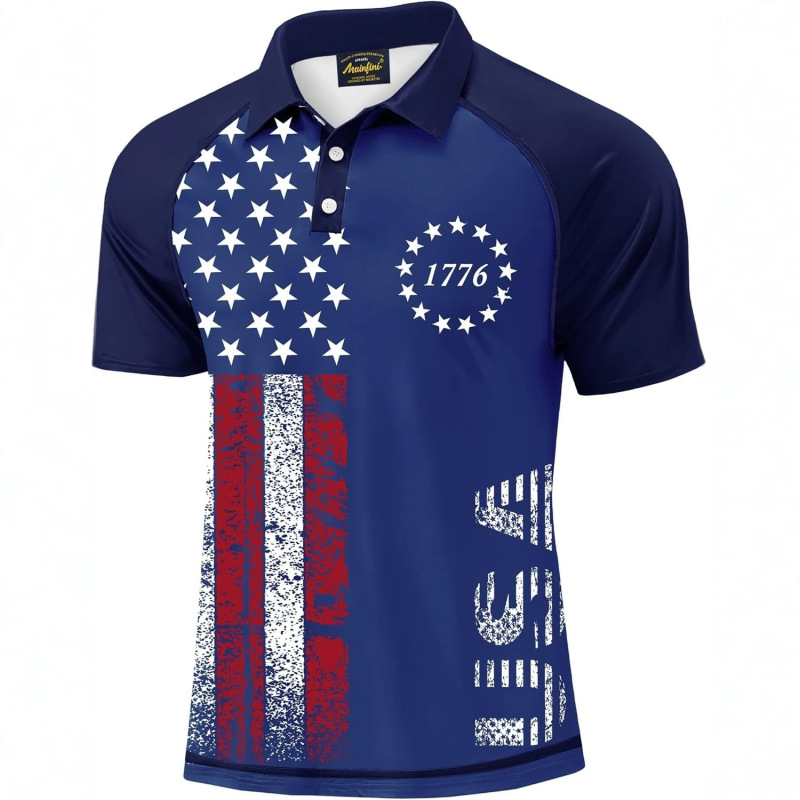 Mainfini Men's Patriotic Polo Shirt Stretch Upf 50+ Short Sleeve Raglan Sleeve American Pattern Golf