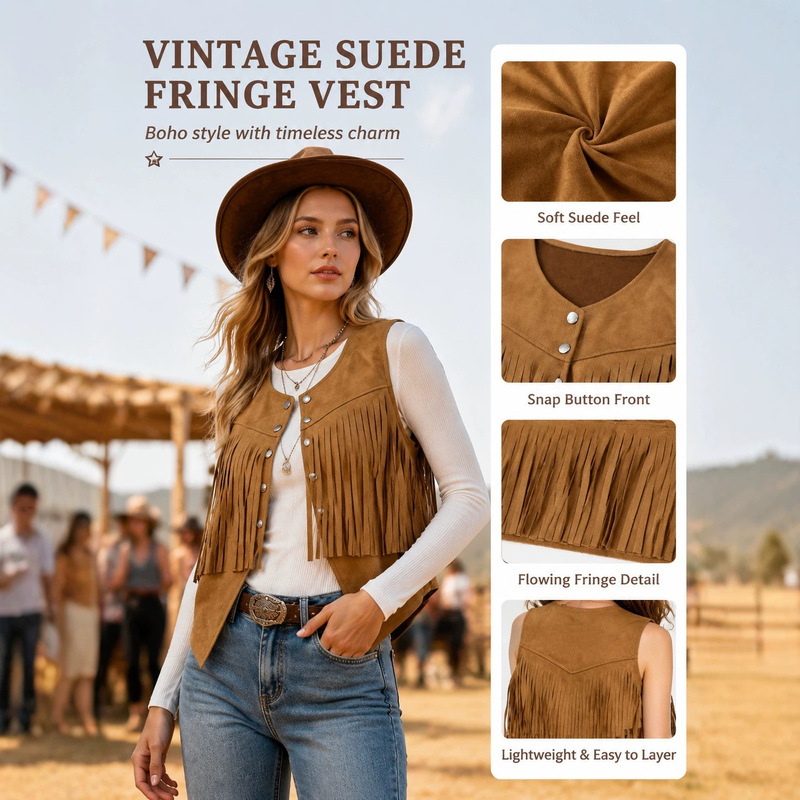 European and American Amazon women's short fringed vest, 70s casual retro open-front button suede jacket